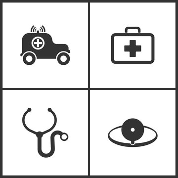 Vector Illustration Set Medical Icons. Elements of Ambulance, Medical bag, Stethoscope and Medical mirror icon