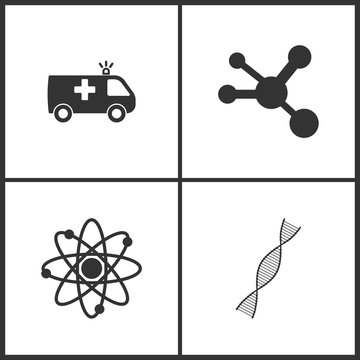 Vector Illustration Set Medical Icons. Elements of Ambulance, Molecule , Neutron and DNA molecule icon