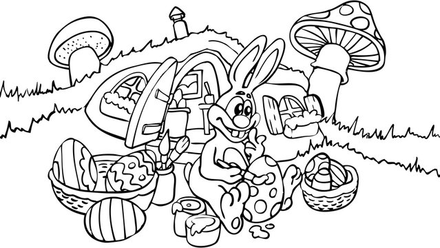 Malvorlage Osterhase bemalt Eier vor Osterhasenhaus