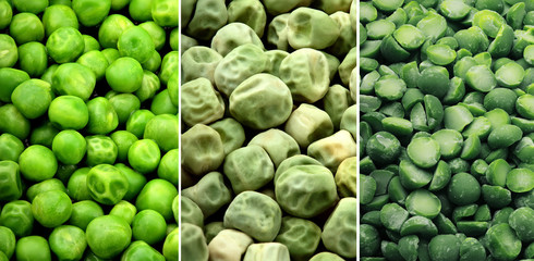 Collage of fresh, dried, cereals green peas background texture top view.Full depth focus.