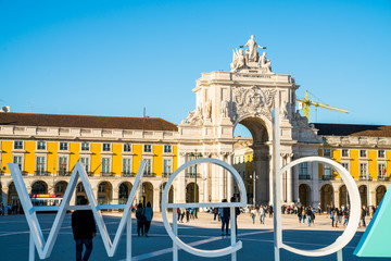 LISBON, PORTUGAL - NOVEMBER 08, 2017: A sign for Europe's biggest tech conference, the Web Summit, at Commerce Square