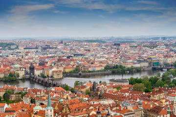 Panorama view of Prague with Vltava river, Charles bridge