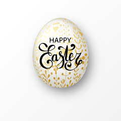 Happy Easter background with realistic white egg with golden floral elegant ornament and calligraphy text. Minimalistic vector template, trendy design. Spring holiday illustration