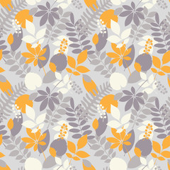Fototapeta na wymiar Tropical jungle trendy seamless pattern with exotic palm leaves and berries, leaf branches. Vector spring or summer floral endless background. Ideal for textile