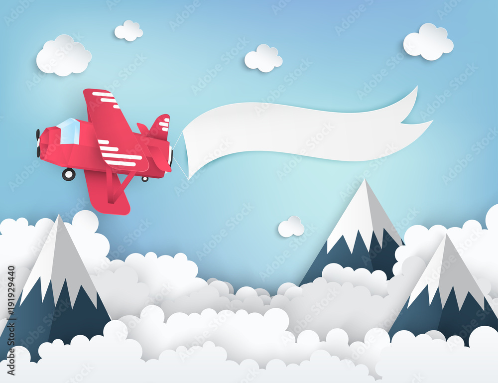 Canvas Prints paper art background with paper clouds, high mountains, red airplane with banner. flying origami pap