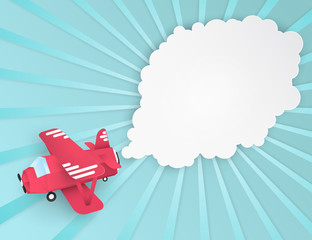 Airplane aerial view paper art with paper cloud ( speech bubble ) for text. Flying origamy paper art red plane. Blue sky background with fluffy cloud and rays
