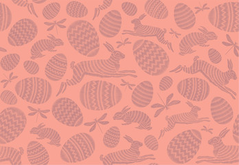 Easter hunt. Seamless Easter pattern. Rabbits and eggs on a pink background. Festive decor.