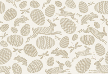 Seamless Easter pattern. Easter hunt. Gold Rabbits and eggs on a light background. Festive decor.