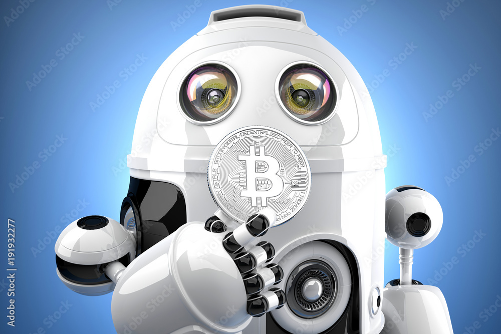 Poster robot looking at bitcoin coin in his hands. 3d illustration. contains clipping path
