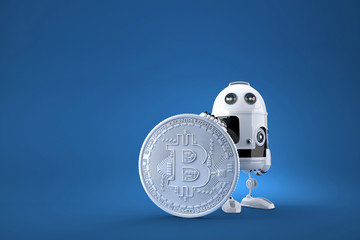 Robot with huge bitcoin coin. Technology concept.