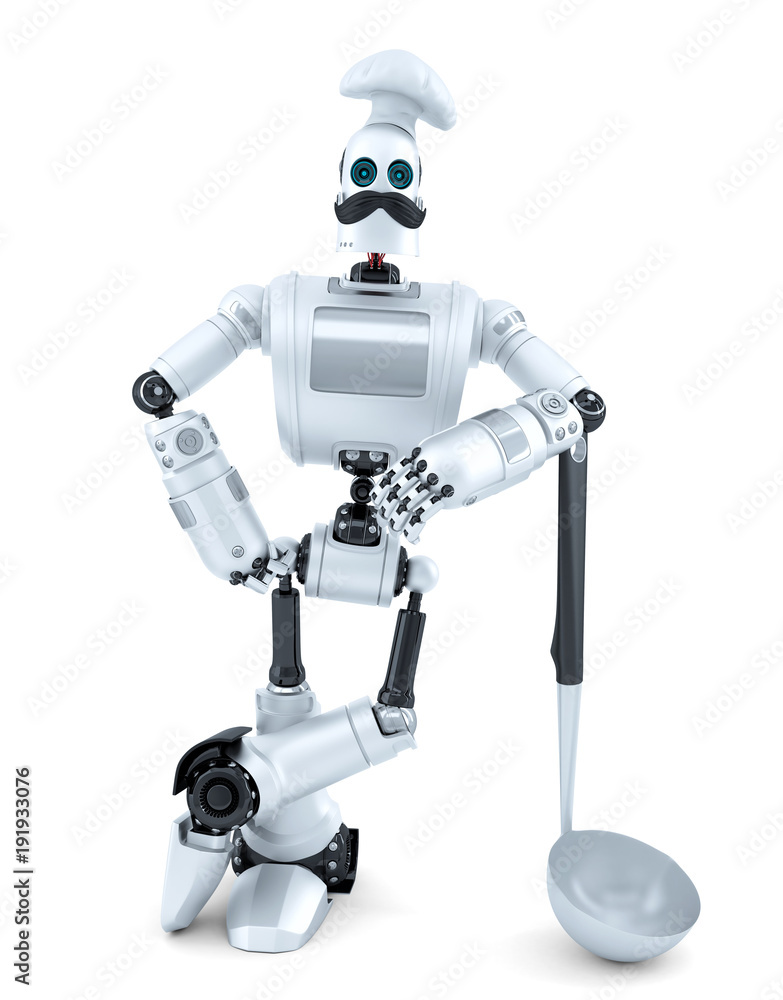 Poster robot chef posing with soup ladle. 3d illustration. isolated. contains clipping path