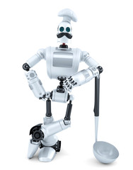 Naklejka premium Robot Chef posing with soup ladle. 3D illustration. Isolated. Contains clipping path