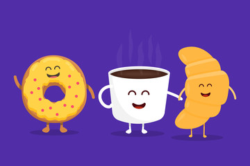 Best Friends coffee, croissant and donut character vector illustration set. Cartoon concept for kids menu