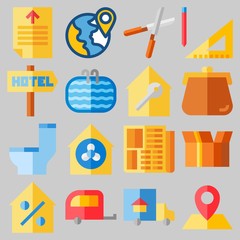 Icon set about Real Assets with keywords hotel, pruners, location, ventilation, purses and percentage