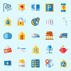 icons set about Real Assets. with real estate, maps and flags, padlock, percentage, wheel chair and location