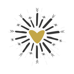 Black and golden hand drawn heart sign and star beams icons on white background