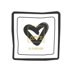 Black and golden hand drawn square Love is Forever heart emblem icons on white background