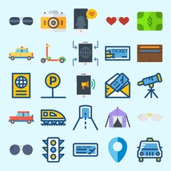 icons set about Travel. with telescope, tent, sunglasses, train, traffic light and ticket