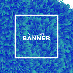 Extreme Liquid Wave magnification. Poster. Blue Hair Fur Shapes under the microscope with Square frame. Bacteria, Space for text. Colorful Dynamic Effect on white. Modern Template Banner.