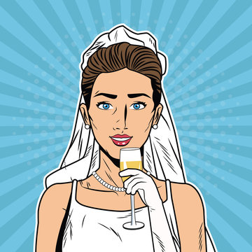 Beautiful bride pop art cartoon vector illustration graphic design Weedingd people