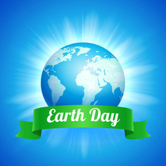 Earth Day. Vector illustration of blue globe planet with green ribbon on the sunburst background