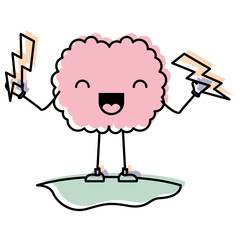 comic brain with thunders kawaii character vector illustration design