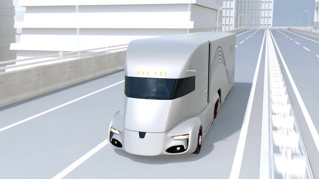 Self-driving electric semi truck driving on highway. 3D rendering animation.