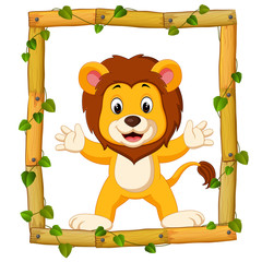 Naklejka premium Lion on the wood frame with roots and leaf