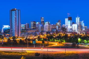 denver skyscraper at night,denver,colorado,usa.
