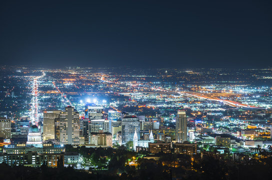 Salt Lake City,utah,usa. 2017/06/14 : Beautiful Salt Lake City At Night With Traffic Light.