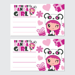 Cute panda girl and cupcake vector cartoon illustration for happy birthday card design, postcard, and wallpaper