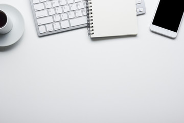 Office desk table with supplies. Flat lay Business workplace and objects. Top view. Copy space for text