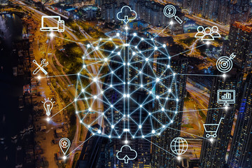 Polygonal brain shape of an artificial intelligence with various icon of smart city Internet of Things Technology over the express way with cityscape background, AI and business IOT concept