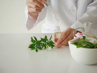 the scientist,dermatologist testing the organic natural cosmetic product in the laboratory.research and development beauty skincare concept.blank package,bottle,container .cream,serum.hand