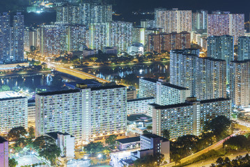 Aerial view of residential district of Hong Kong City at night