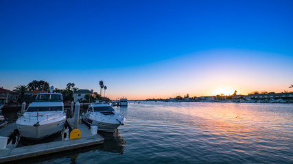 Newport Beach harbor twilight in Orange County, California after sunset