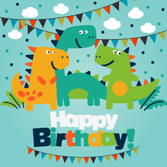 Obraz na płótnie Canvas Happy birthday - lovely vector card with funny dinosaurs