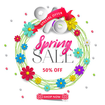Spring sale up to 50% off background with beautiful colorful flower. Vector illustration. Wallpaper. flyers, posters, brochure, voucher discount. Spring sale banner for online shopping.