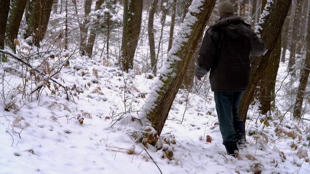 Man goes through snowy forest - (4K)