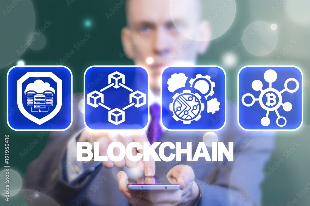 Poster blockchain circuit automation bitcoin financial technology.