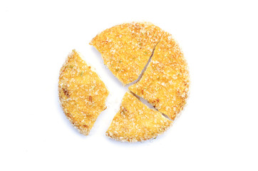 Pie chart with a round biscuit cracker isolated on white background for business idea concept