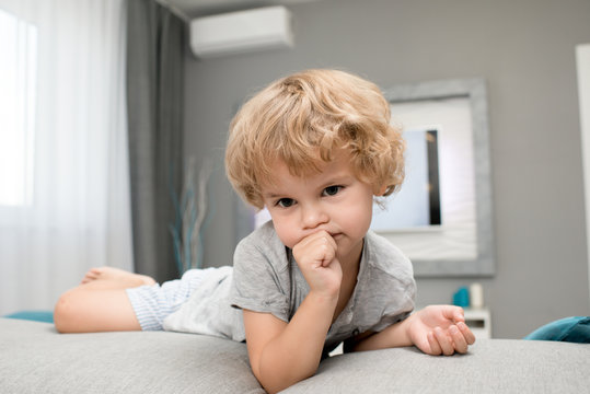 Portrait of adorable curly little boy sucking thumb climbing on sofa in modern living room apartment