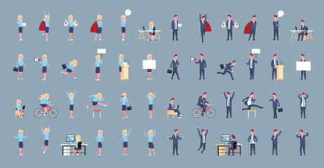 Set Of Business Man And Woman Icon Male Female Office Worker Posing Corporate Different Situations Collection Flat Vector Illustration