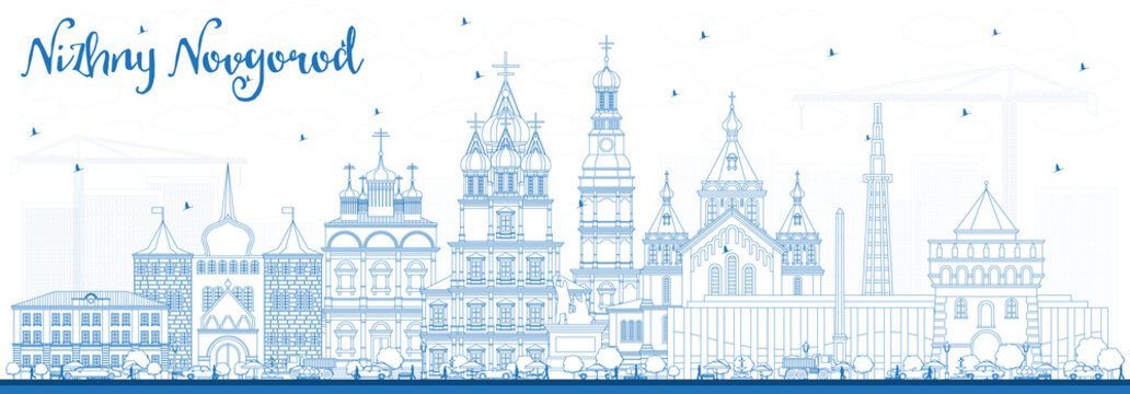 Outline Nizhny Novgorod Russia City Skyline with Blue Buildings.