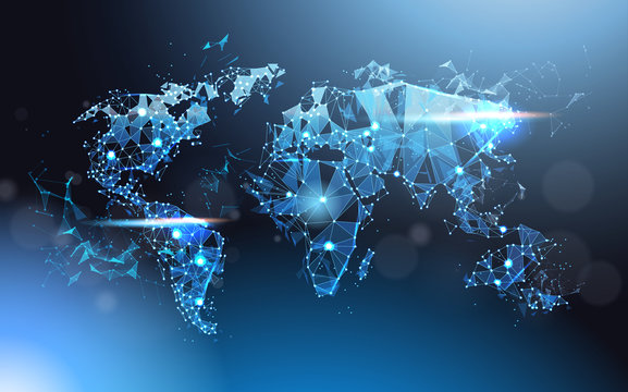 Polygonal World Map Glowing Wareframe Mesh, Global Travel And International Connection Concept Vector Illustration
