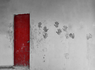 Red Door and Hand Prints on wall,Hand Print art on wall