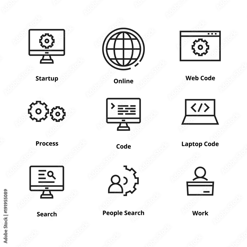 Poster 9 development thin line icons. icons for user interface and web
