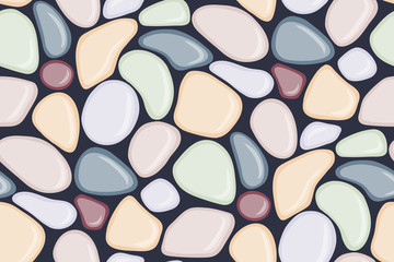 Obraz na płótnie Canvas Seamless pattern with smooth pebble. Colorful seaside wet pebble. Spa stones flat design. Vector illustration.