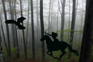 Silhouette of an amazon warrior woman riding a horse with bow and arrow
