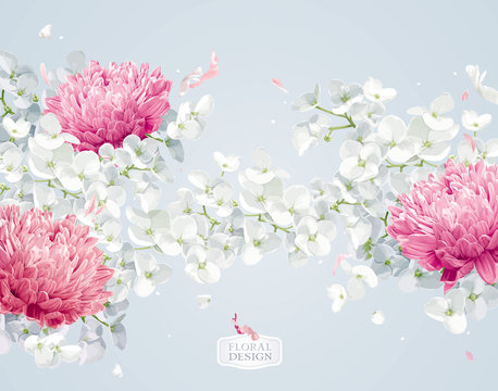 Chrysanthemums and Apple blossom floral vector background